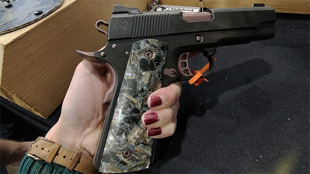 Featuring obsidian, abalone, and zinc grips the Ladyhawk comes chambered in 9mm or .45 ACP (Photo: Jacki Billings)
