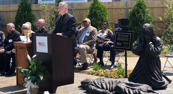 Cardinal Cupich dedicated the Tolton Peace Center in Chicago's Austin area last month, which includes a sculpture by artist Timothy Schmalz entitled Thou Shall Not Kill depicting Jesus weeping over a gunshot victim. (Photo: The Chicago Catholic) https://twitter.com/chicagocatholic/status/999731567017807872