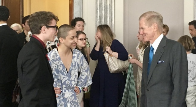 The bill is cosponsored by U.S. Sen. Bill Nelson, D-Fla, right, and supported by Marjory Stoneman Douglas High School gun control advocates in the March for Our Lives movement, left. (Photo: Bill Nelson/Twitter)
