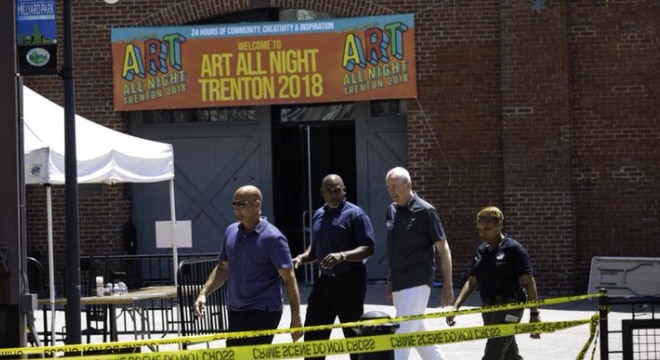 Gov. Phil Murphy visited the scene of the Trenton Art All Night festival on Sunday, where hours earlier 22 were injured, 17 by gunfire in what Mercer County Prosecutor Angelo Onofri said occurred because of gang-related tension (Photo: Murphy's office)