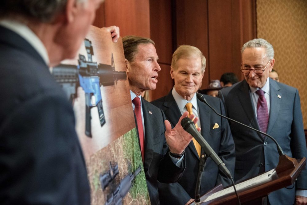 A number of Senate Democrats to include Bill Nelson of Florida, Chuck Schumer of New York and Richard Blumenthal of Connecticut decry the availability of 3D printed gun plans at a press conference on Tuesday (Photo: Blumenthal's office https://twitter.com/SenBlumenthal/status/1024385594582020099 )