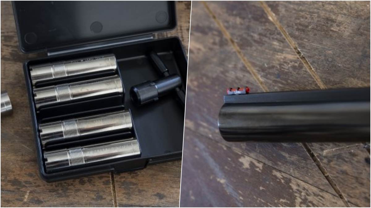 LPA front fiber sight on barrel of Weatherby 18i shotgun and shotgun chokes in a box
