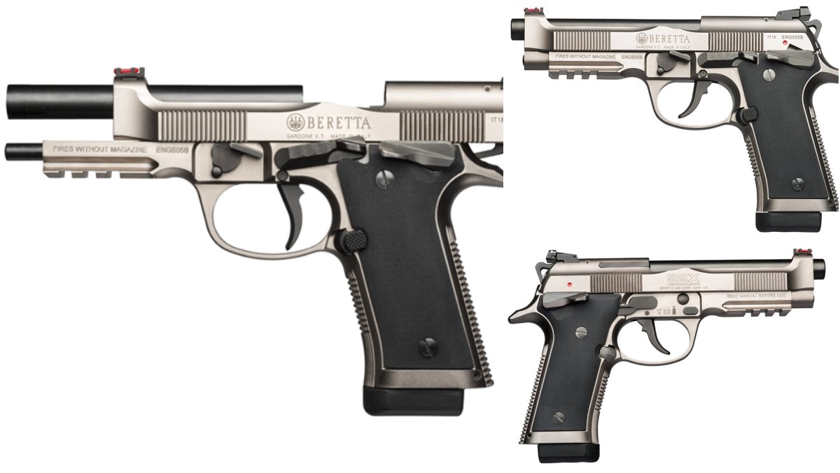 The 92X has a two-tone effect due to the Nistan finish on the frame surface and slide contrasted with the black burnished barrel, surface controls and steel spring recoil rod. (Photos: Beretta)