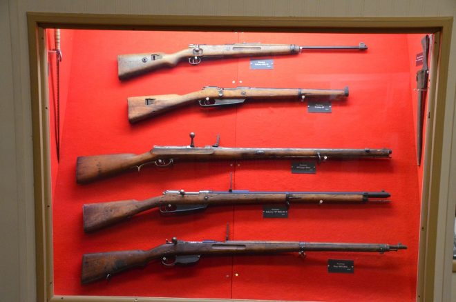 Captured German Great War-era weapons include a Kar88, M71 Jaeger rifle, Z Rifle and Steyr M95