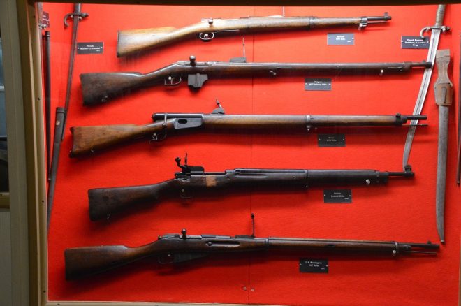 Other WWI weapons include a Spanish M93, Belgian M77, Swiss M78, American-made P14 Enfield, and U.S. M1917 Remington Enfield