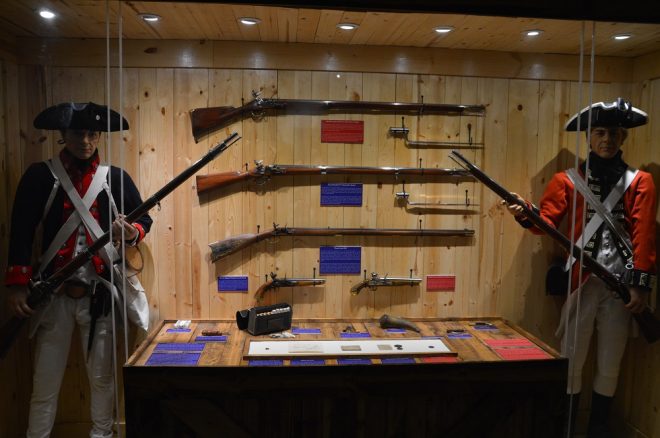 Revolutionary War weapons such as British Brown Bess and French 1777 Charleville muskets along with Pennsylvania rifles.