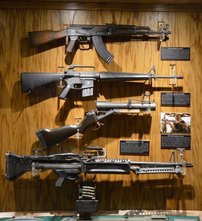 Speaking of Vietnam, there is a comprehensive display with an M79 Bloop Gun, M60 general purpose machine gun, M16A1, AK, and M72 LAW