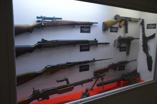 U.S. infantry weapons from World War II and Korea include M1 Garands and Carbines, the M1918 BAR, M1903 Springfield, M1 Thompson and M3 Grease Gun. Also note the M44 Mosin and PPSh, of Korean War era