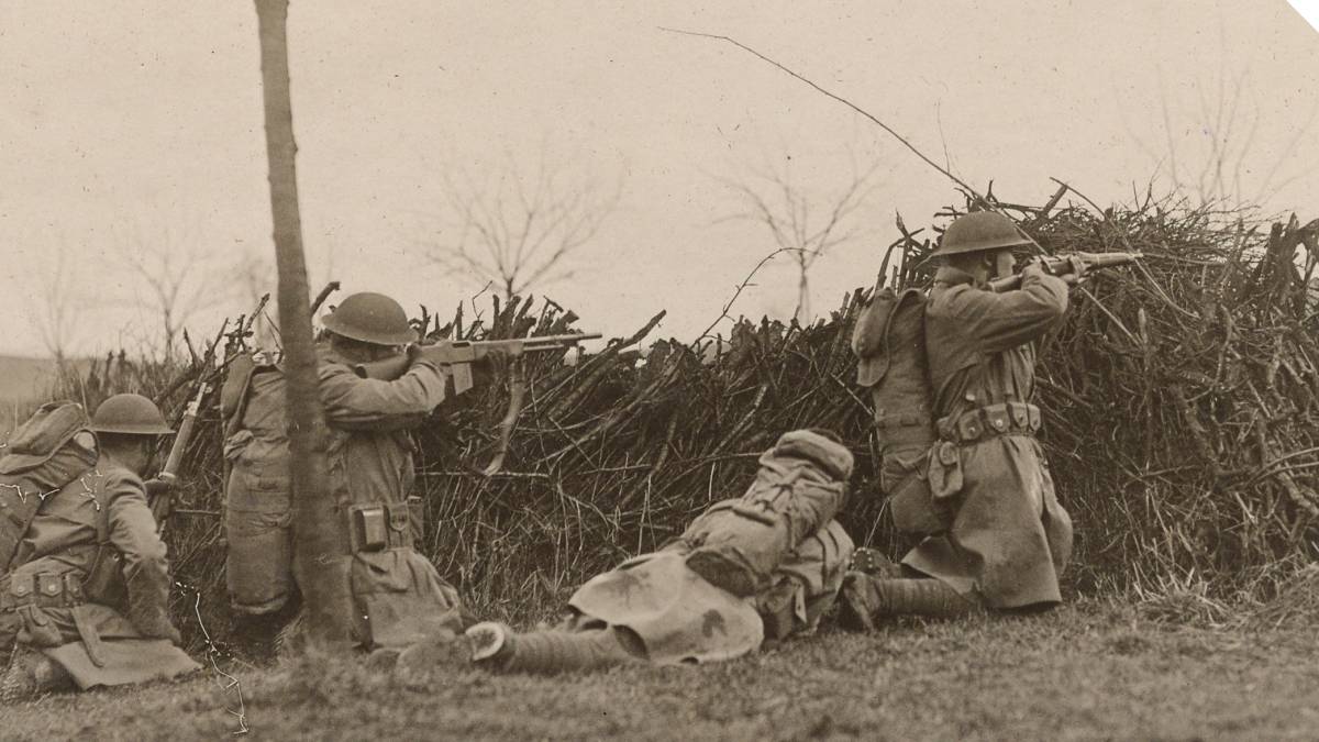Men of the U.S. Army's 16th Infantry Regiment in maneuvers as part of the Army of Occupation, Otzingen, Germany, in 1919 while the Treaty of Versailles was being negotiated. The victorious Allies would continue to occupy parts of Germany after WWI ended through the 1920s. Note the M1903 Springfield rifles and a newly-issued M1918 BAR (Photo: Library of Congress)