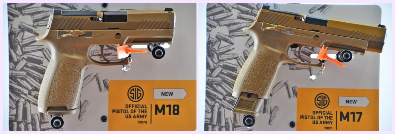 The M17 and M18 differ about an inch in overall length but share the same P320 series striker-fired action along with coyote-tan PVD coated stainless steel slide, M1913 accessory rail, and a removable top plate for optics. Each can use a 17-round 9mm flush fit or 21-round extended magazine. (Photo: Chris Eger/Guns.com)