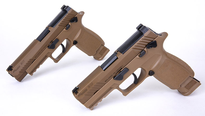 The MHS system consists of the compact-sized M18 pistol, foreground, as well as the more common full-sized M17, and a raft of Winchester-supplied companion ammo loadings. (Photo: Sig Sauer)