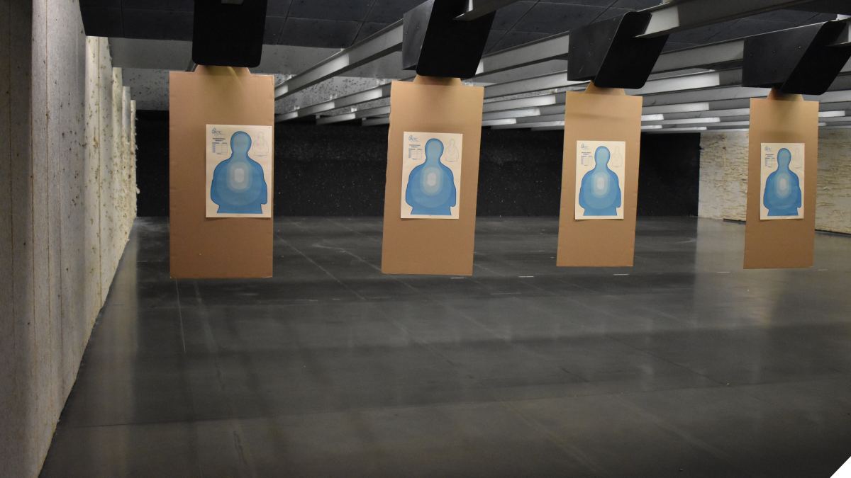 A row of blue transition targets on a shooting range