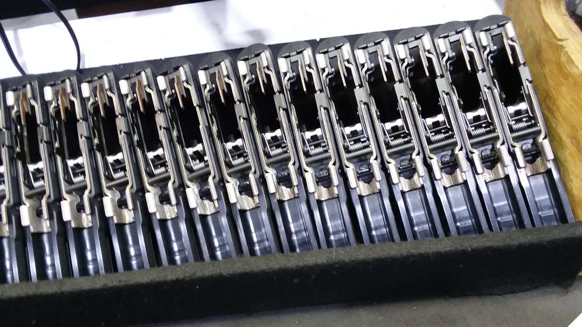 A rack of Diamondback DB9 9mm pistols at the factory in Cocoa Florida