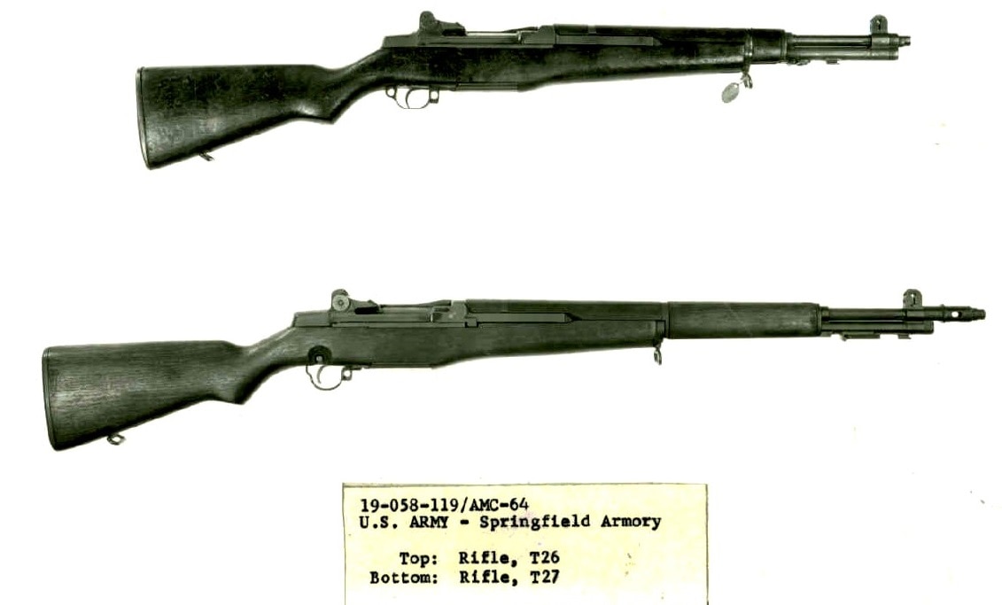 T26 Rifle resembles standard M1 except for markedly shortened barrel and trigger guard T27 at bottom 119-64.A.1