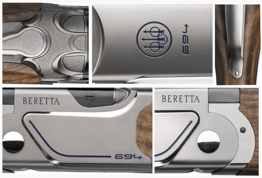 The newly designed, steel action 694 has side panels with a mirrored profile and diagonal lines underlined by a blue graphic design on the company's Nistan finish. Beretta says the shotgun has a "slim, modern design" that lends "a racing feel, for a bold, winning look." (Photo: Beretta)