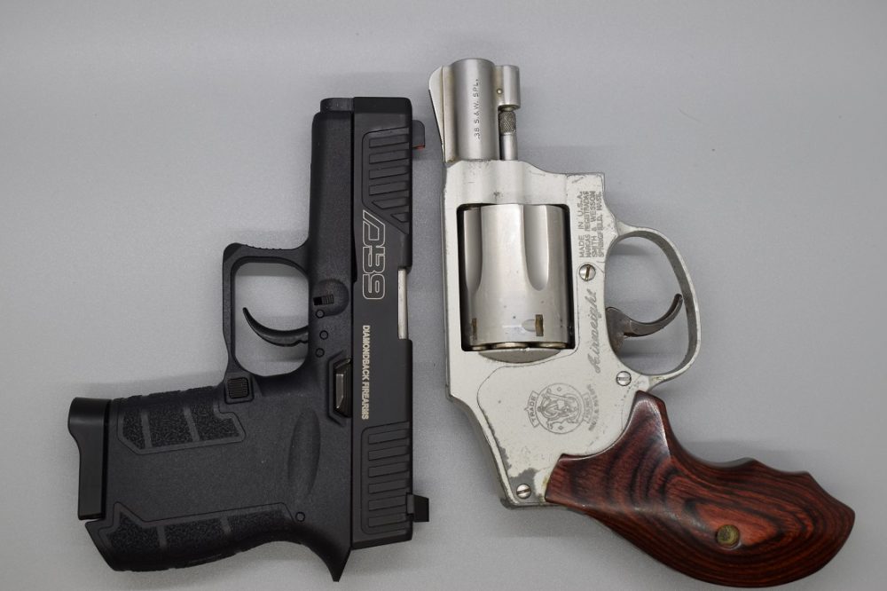Here is a stack of the DB9 against the iconic pocket roscoe: The S&W J-Frame. As witnessed by this S&W M642, the DB9 is still smaller and a tad lighter. Plus, it can carry seven rounds of 9mm as opposed to five of .38.
