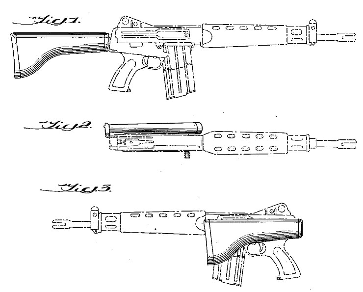 George Sullivan Armalite folding butt rifle AR16 USD199845 patent drawing
