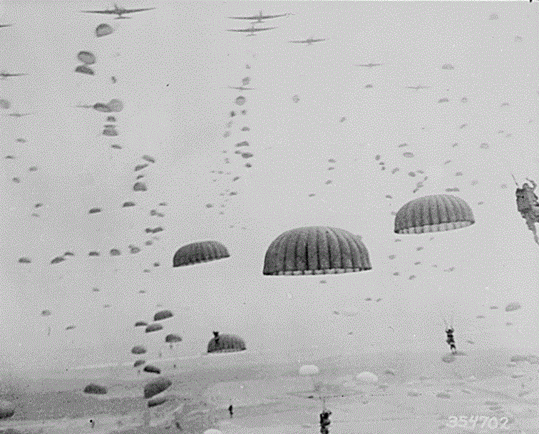 Market Garden Parachutes open overhead as waves of paratroops land in Holland during operations by the 1st Allied Airborne Army (Photo: Library of Congress)