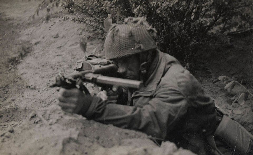 "Private J Connington of Selby, Yorkshire, in action with his Sten gun, 20 September 1944 Market Garden"(Photo: National Army Museum)