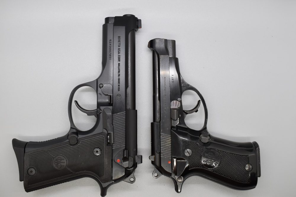The 92X Compact is almost a comparable height of Beretta's venerable Cheetah line, shown here compared with a shorter Model 81 in .32ACP. As detractors of the G19X and similar concepts often point out, a big bone of contention when it comes to concealability is a pistol's height rather than overall length.