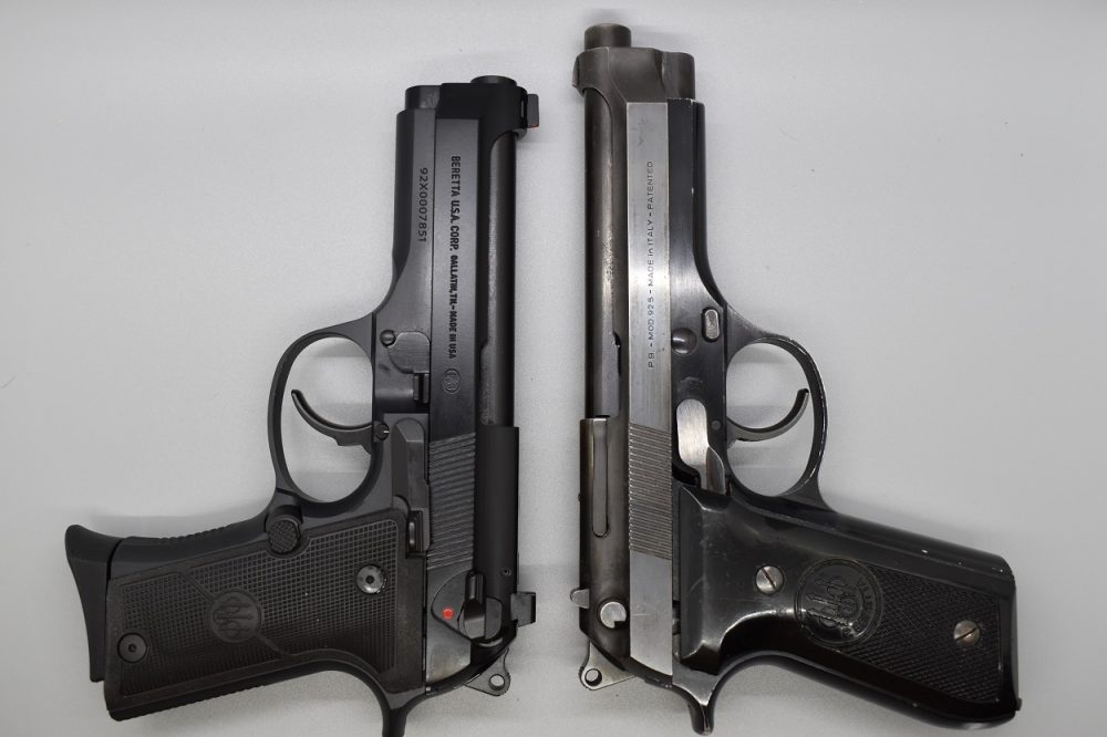 Inside the same family, you can see the comparison with a 1970s-era full-sized 92S. Note the slimmer Vertec pattern grip, Centurion-length slide, and shorter overall height.