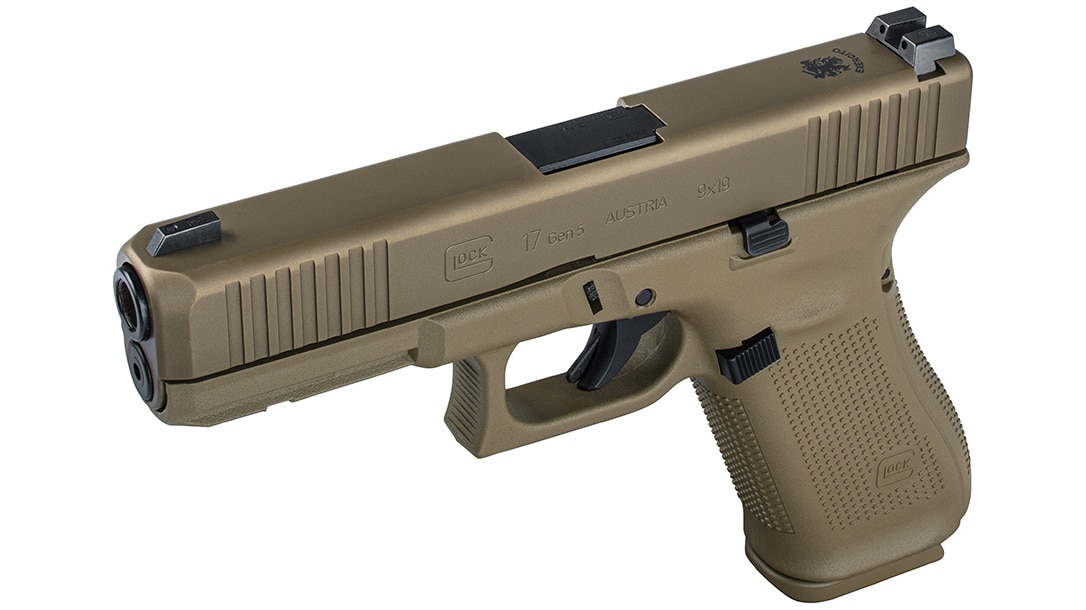 Portugal is hanging up their Walthers and assorted other 9mm handguns in favor of a Coyote Tan G17 complete with a lanyard loop and night sights, reminiscent of the G19X. (Photo: Glock)