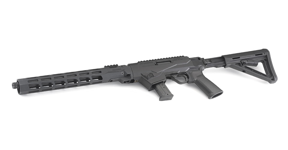 The new PC Carbine's glass-filled polymer chassis system, with integrated rear 7075-T6 aluminum Picatinny rail, allows for standard AR grips and rail-mountable stocks or extensions. (Photo: Ruger)