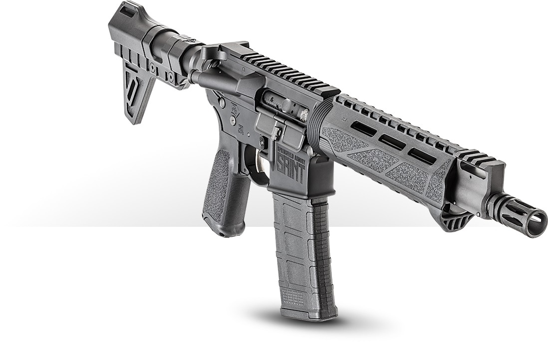 The new 5.56 SAINT pistol has a nickel boron coated trigger, 9.6-inch CMV barrel, BCM handguard with an integrated hand stop and a pinned Picatinny gas block. Also, note the A-2 flash hider.