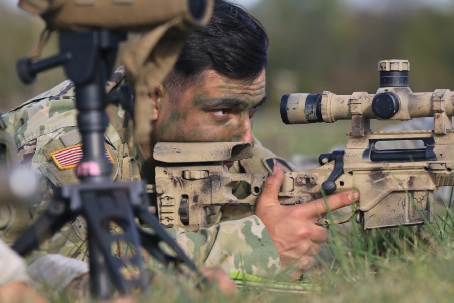 A Soldier from the 2-151 Infantry 76th Brigade Combat Team prepares to fire a M2010 Enhanced Sniper Rifle at sniper event during the TAG Marksmanship Competition at Camp Atterbury Oct. 19, 2019 (Photo: U.S. Army)