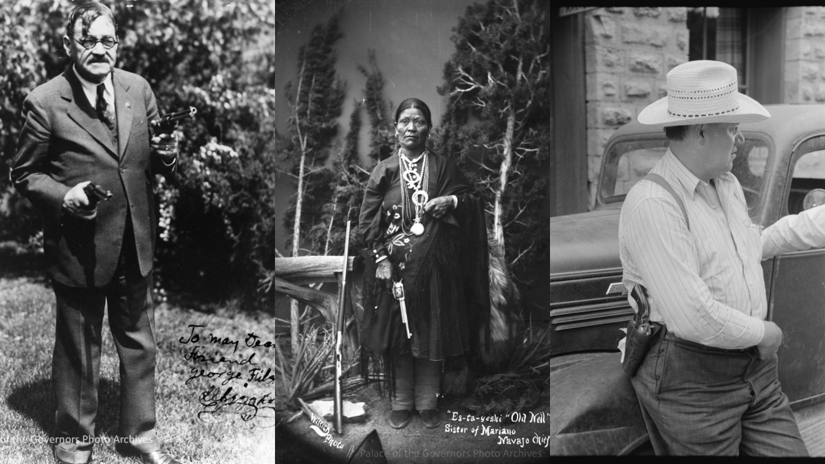 Here we see Elfego Baca, noted Old West lawman in 1930; Es-ta-yeshi (Old Nell or Nelly), Sister of Mariano, Navajo chief in 1886; and the Sheriff of Mogollon NM in 1940; all with their Colt SAAs (Photos: Palace of the Governors Photo Archives, New Mexico History Museum, Library of Congress)