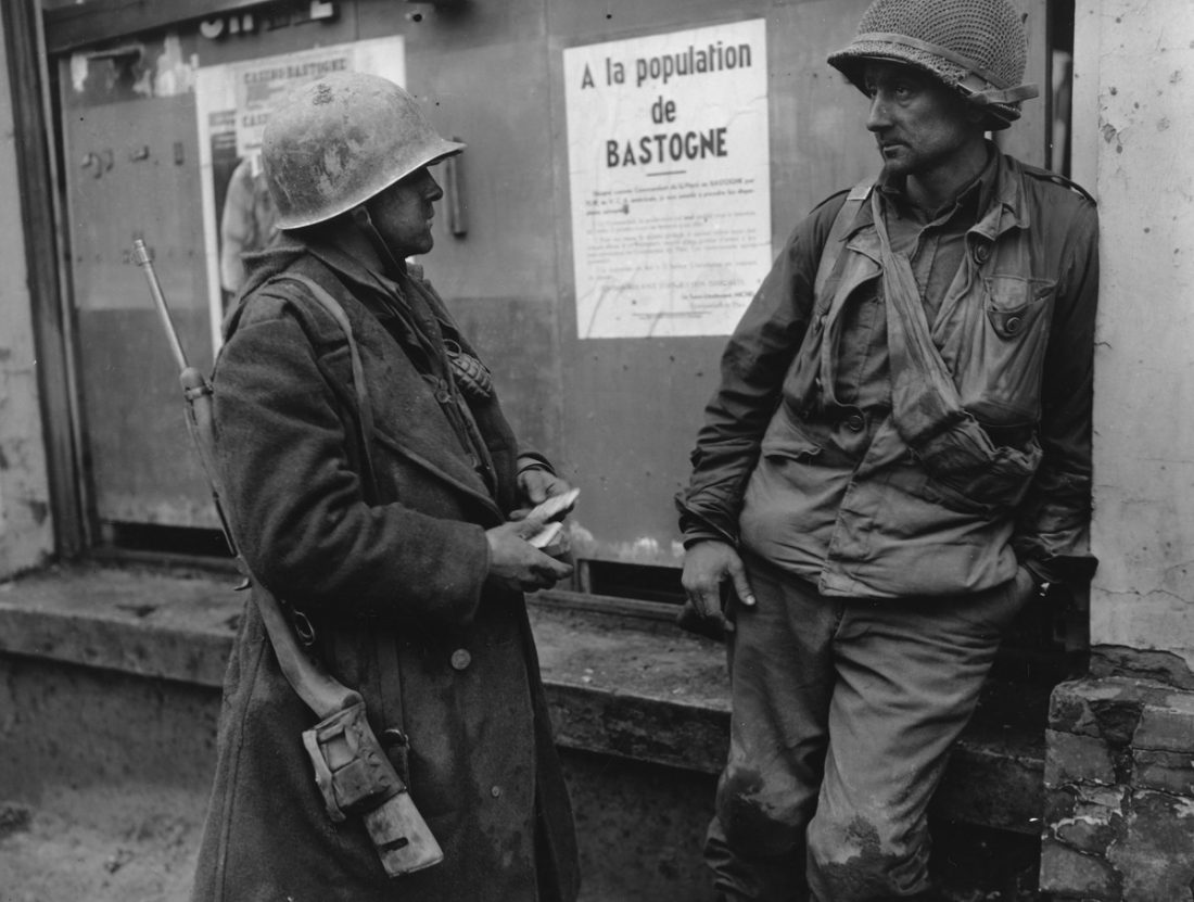 Bastogne Belgium-Weary infantrymen of the 110th Regt., 28th Div., US 1st Army following the German breakthrough in that area. The enemy overran their battalion. (L-R) Pvt. Adam H. Davis and T/S Milford A. Sillars. Dec. 19, 1944. Note the M1 Carbines (Photo: National Archives)