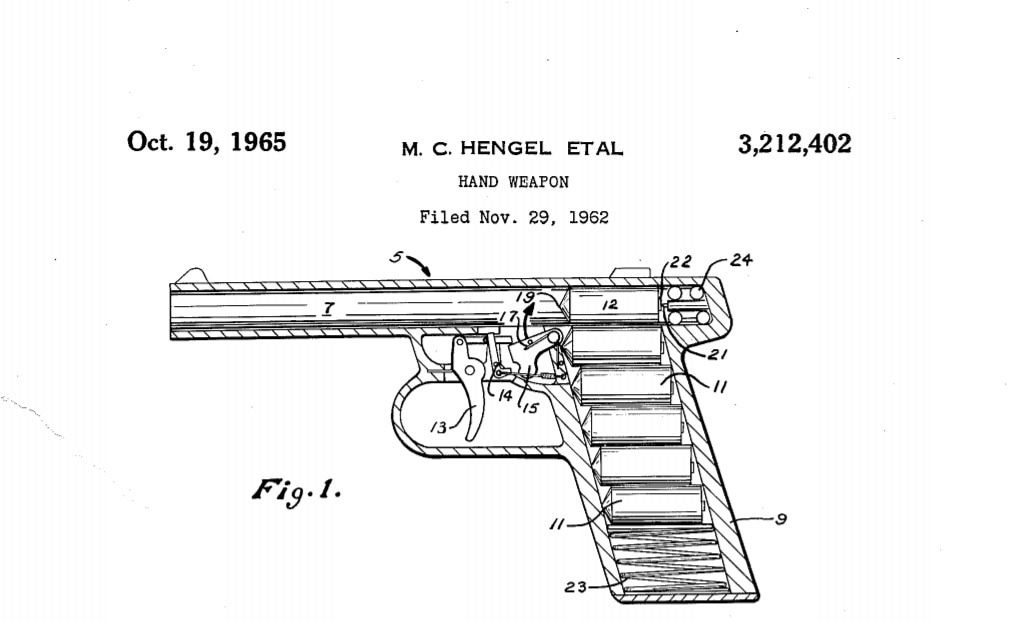 The long-expired patent #3,212,402 for the Gyrojet was filed in 1962 by Mathew C Hengel, Arthur T Biehl, and Robert Mainhardt on behalf of MBA and was issued in 1965.
