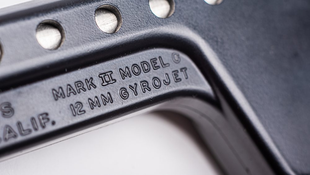 Manufactured by MBA Associates in San Ramon, California, the Mark II pistol uses the 12mm Rocketeer Automatic Rocket, a spin-stabilized projectile that has long been out of production.