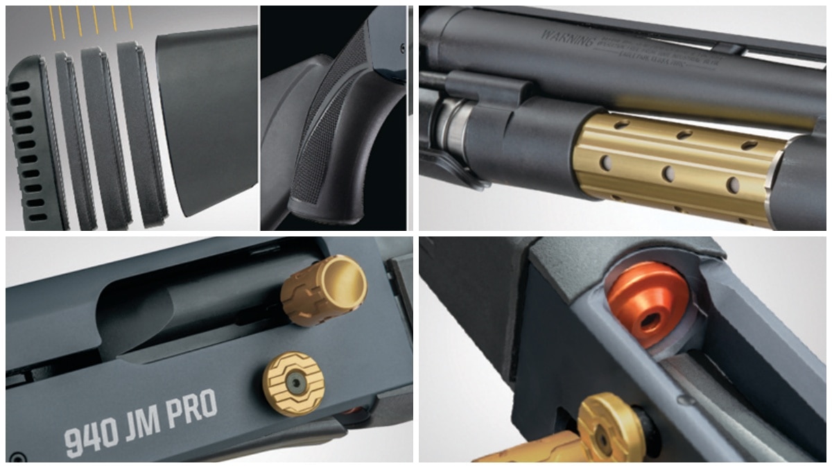 These 940 JM Pro series features nickel boron-coated internal parts, and a competition-level loading port, elevator, and follower. The adjustable stock and streamlined forend, coupled with an oversized and contoured charging handle and bolt release button combine are ideal for quick manipulation as is the enlarged and beveled loading port, ideal for quad-loading.