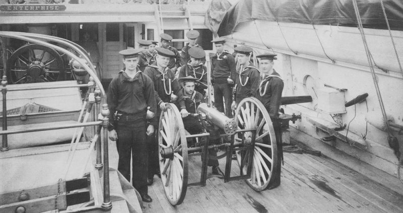 Enterprise Ship's Gatling gun and its crew posed on deck, probably while she was at the New York Navy Yard, circa spring 1890 Bulldog NH 54203 c