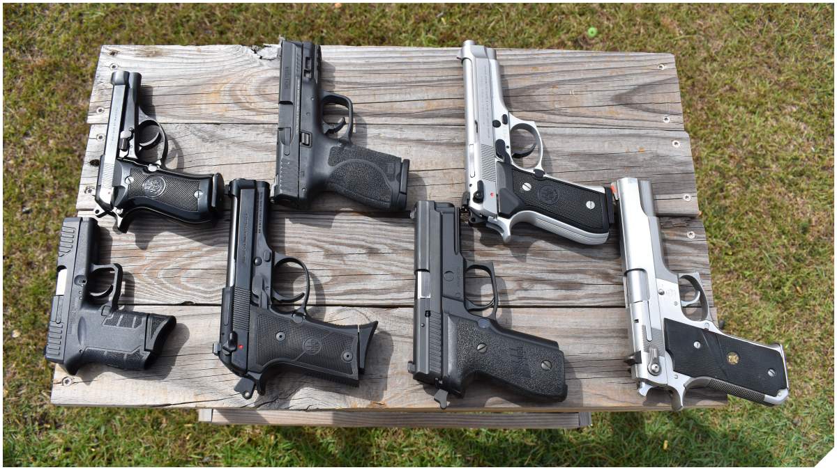 A table showing a number of handguns from Beretta, Smith & Wesson, Sig Sauer and Diamondback