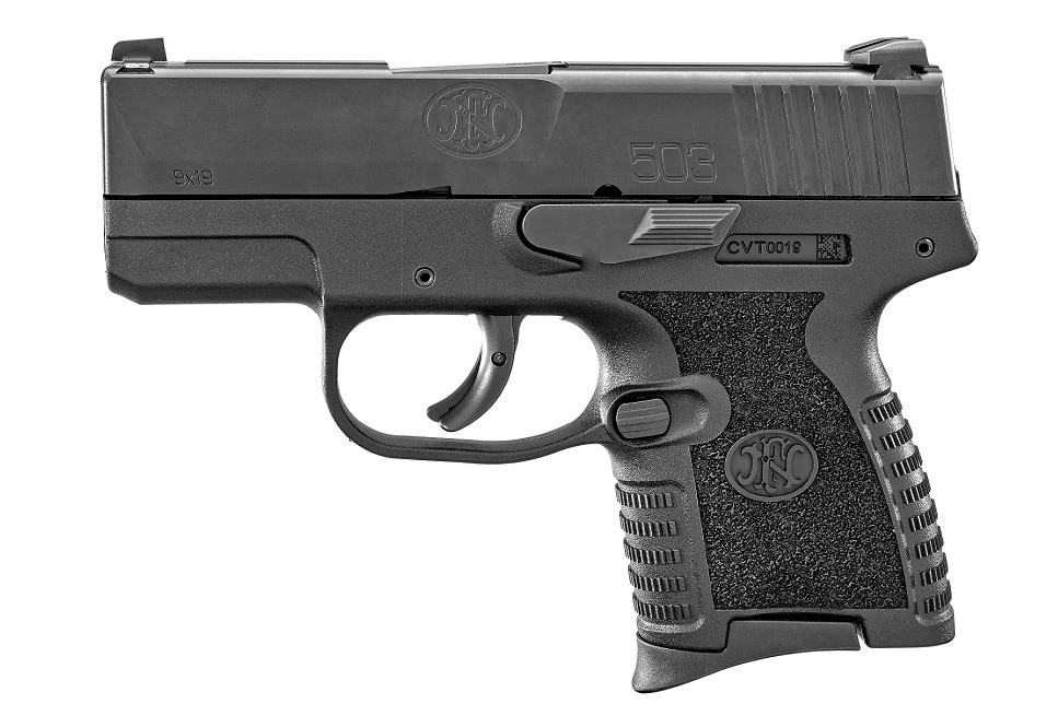 A lightbox view of the FN 503, a small black 9mm subcompact pistol