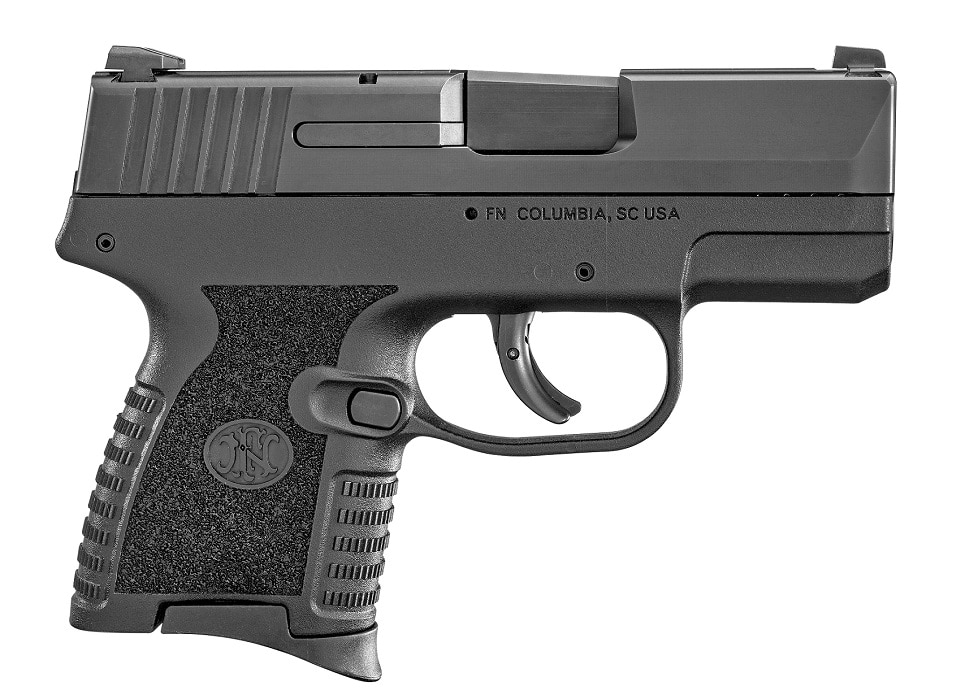 A lightbox view of the FN 503, a small black 9mm subcompact pistol