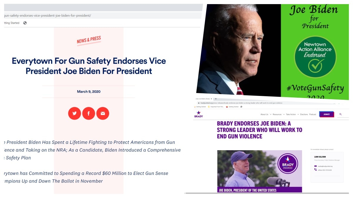 Screenshot of various gun control group webpages endorsing Joe Biden for president