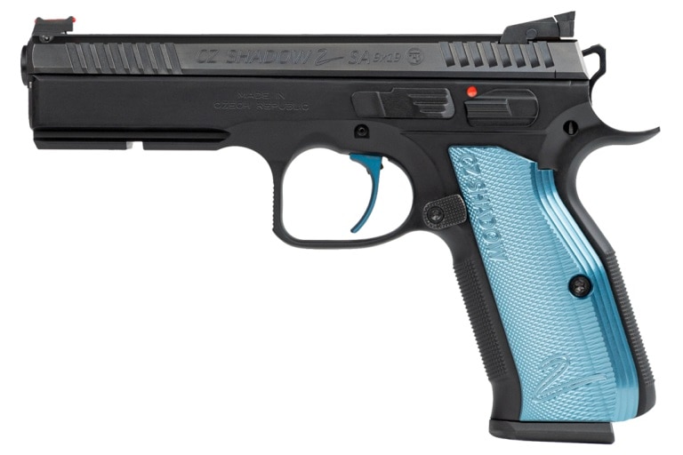 A beautiful CZ-USA Shadow 2 SA 9mm pistol with blue aluminum grips and target sights