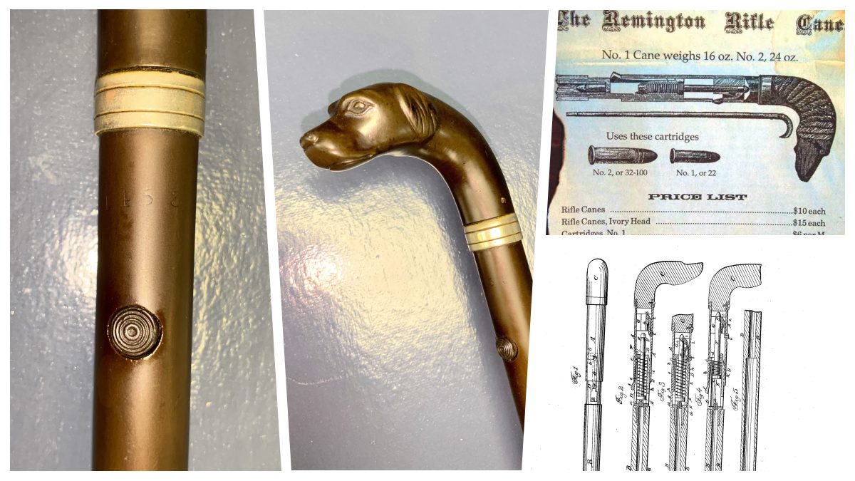 Remington Cane Rifle collage showing two views of a cane gun along with a vintage ad and patent drawing