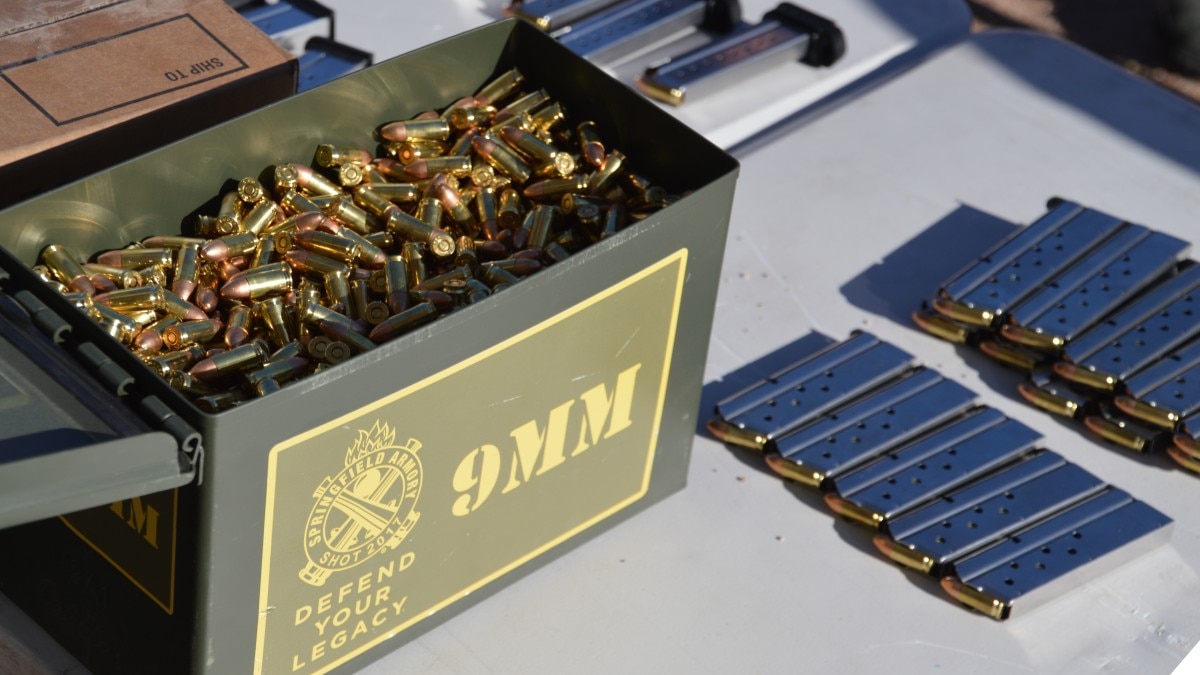 A box of 9mm ammunition marked Springfield Armory
