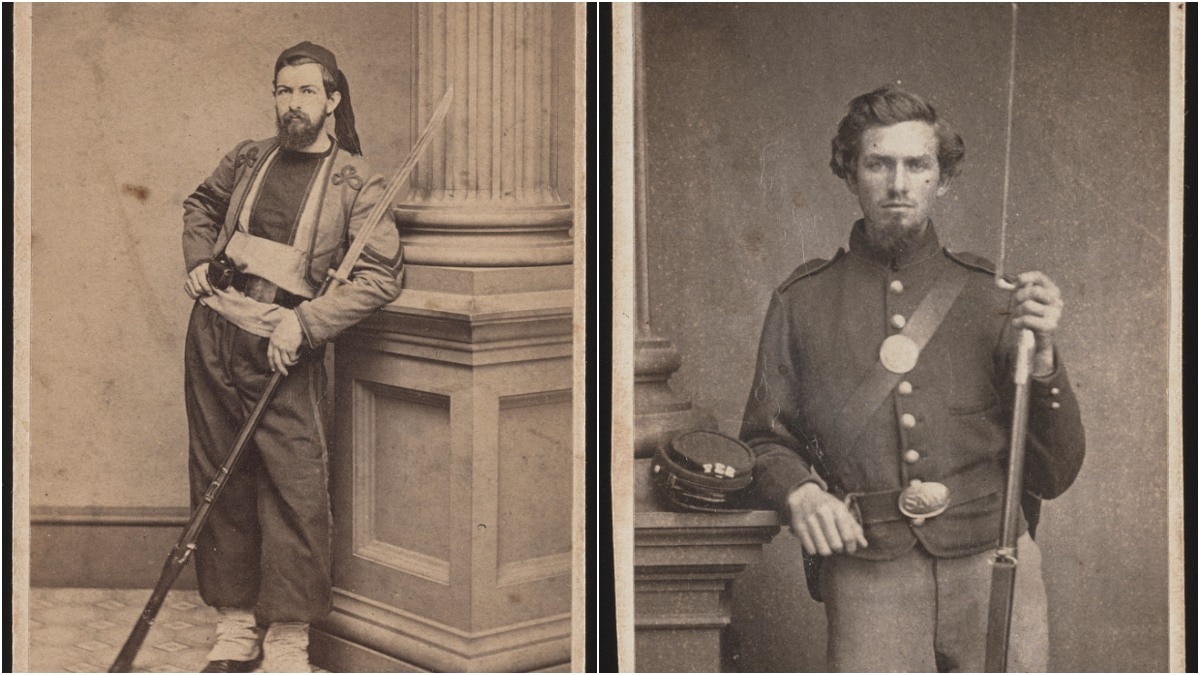 A Union soldier of the 10th Rhode Island Infantry Regiment in a Zouave uniform with a sword-style bayonet on his rifle, along with the more traditional bluecoat with a spike-style bayonet. (Photos: Library of Congress)