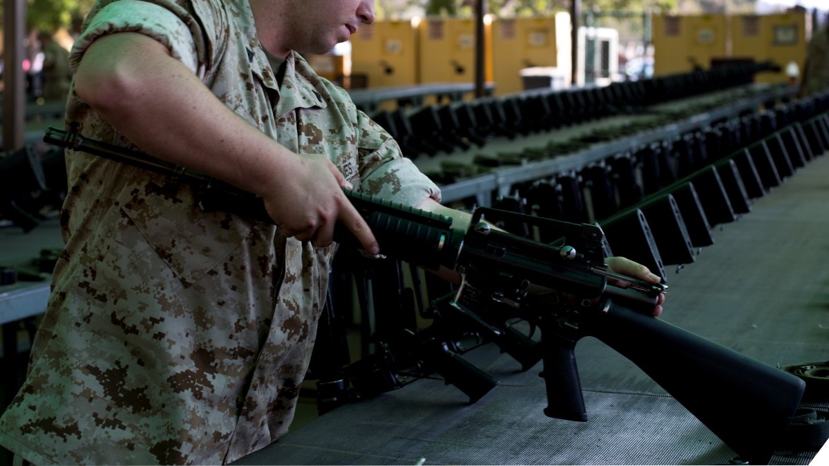 U.S. Marine Corps small arms technician with the Armory, Service Company, Headquarters and Service Battalion, inspects an M16A4 rifle at Marine Corps Recruit Depot San Diego, Calif., Oct. 25, 2016. (Photo: USMC)
