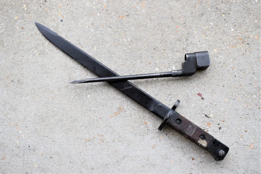Both of these are for Enfield .303 rifles, with the spikey guy being a No. 4 socket bayonet and the bladed weapon being a square pommeled circa-1944 Indian-made bayonet for the No. 1 Mk. III rifle. (Photo: Chris Eger/Guns.com)