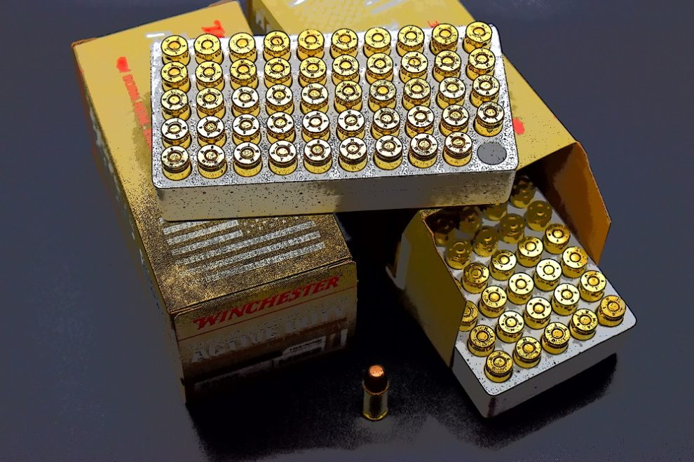 Three boxes of Winchester Active Duty 9mm ammo in a stylised image