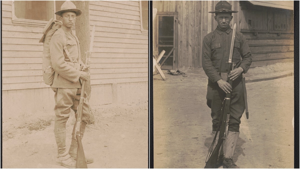 Great War-era Doughboys with a bayoneted M1898 Krag rifle and an M1903 Springfield with an M1905-style bayonet, the latter of which had been adopted after a row with President Theodore Roosevelt over its original flimsy rod-style pigsticker. (Photos: Library of Congress)