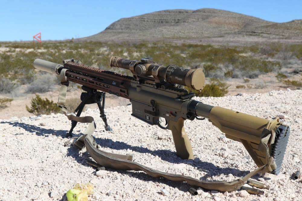 The M110A1 SDMR variant in all its glory, complete with translucent mags, HK German roll marks, offset backup sights, a Geissele mount, suppressor and Sig Tango6 optic. (Photo: U.S. Army)