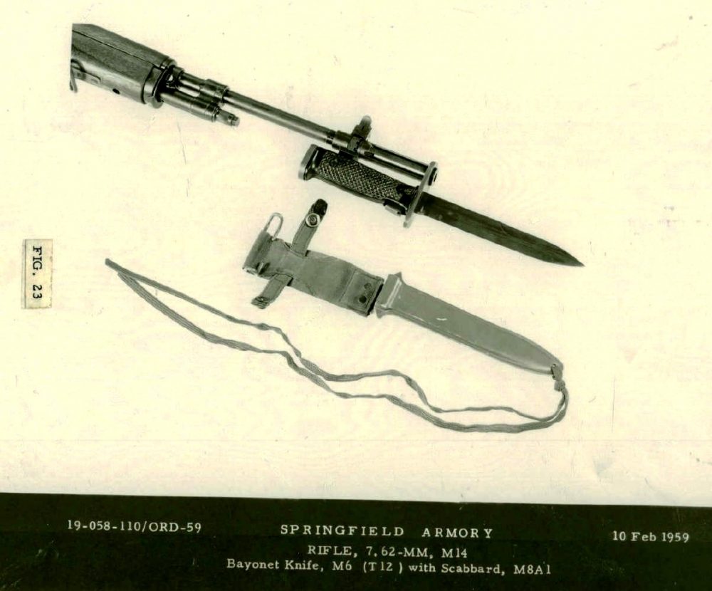 The M14 rifle with the M6 bayonet. Notably, most U.S. bayonets from the late 1940s through the 1980s use the M8/M8A1 pattern scabbard. (Photo: Springfield Armory National Historic Site)