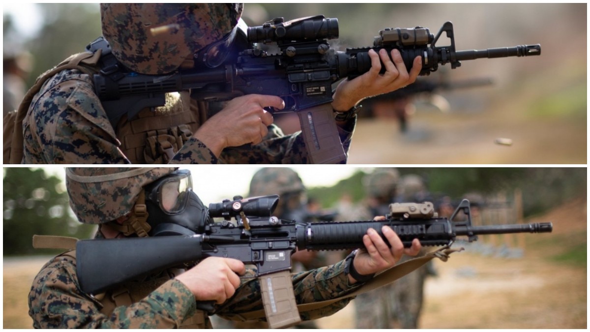 M16A4 compared to the M4A1 composite of two photos showing a Marine in an M50 gas mask firing both